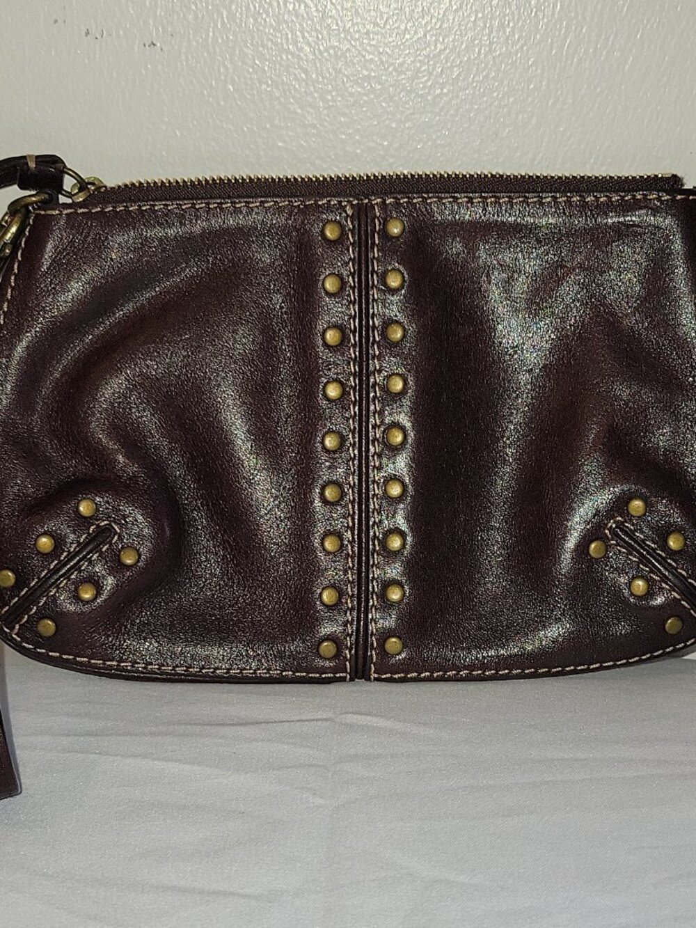 Michael Michael Kors, brown clutch, studded, wrist strap, gold hardware